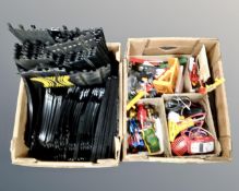 Two boxes of Scalextric track, racing cards,