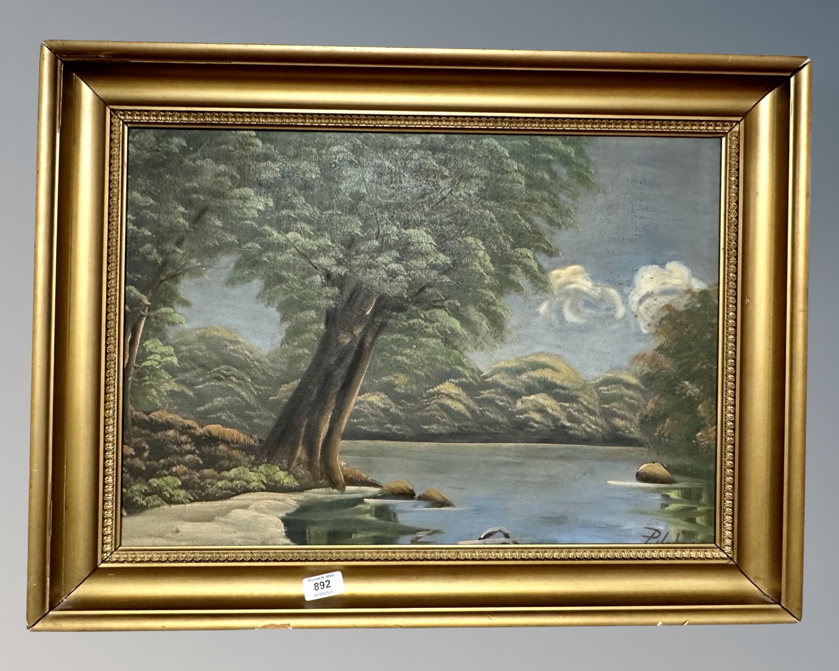 Continental school : a tree by a lake, oil on canvas,