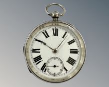 A silver open-faced key-wound pocket watch by The American Watch Co, Waltham, Massachusetts,