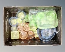 A crate of Art Deco coloured glass dressing table trinket sets