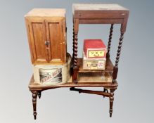 A 20th century barley twist cutlery table together with a bergere seated bench, pine double cabinet,