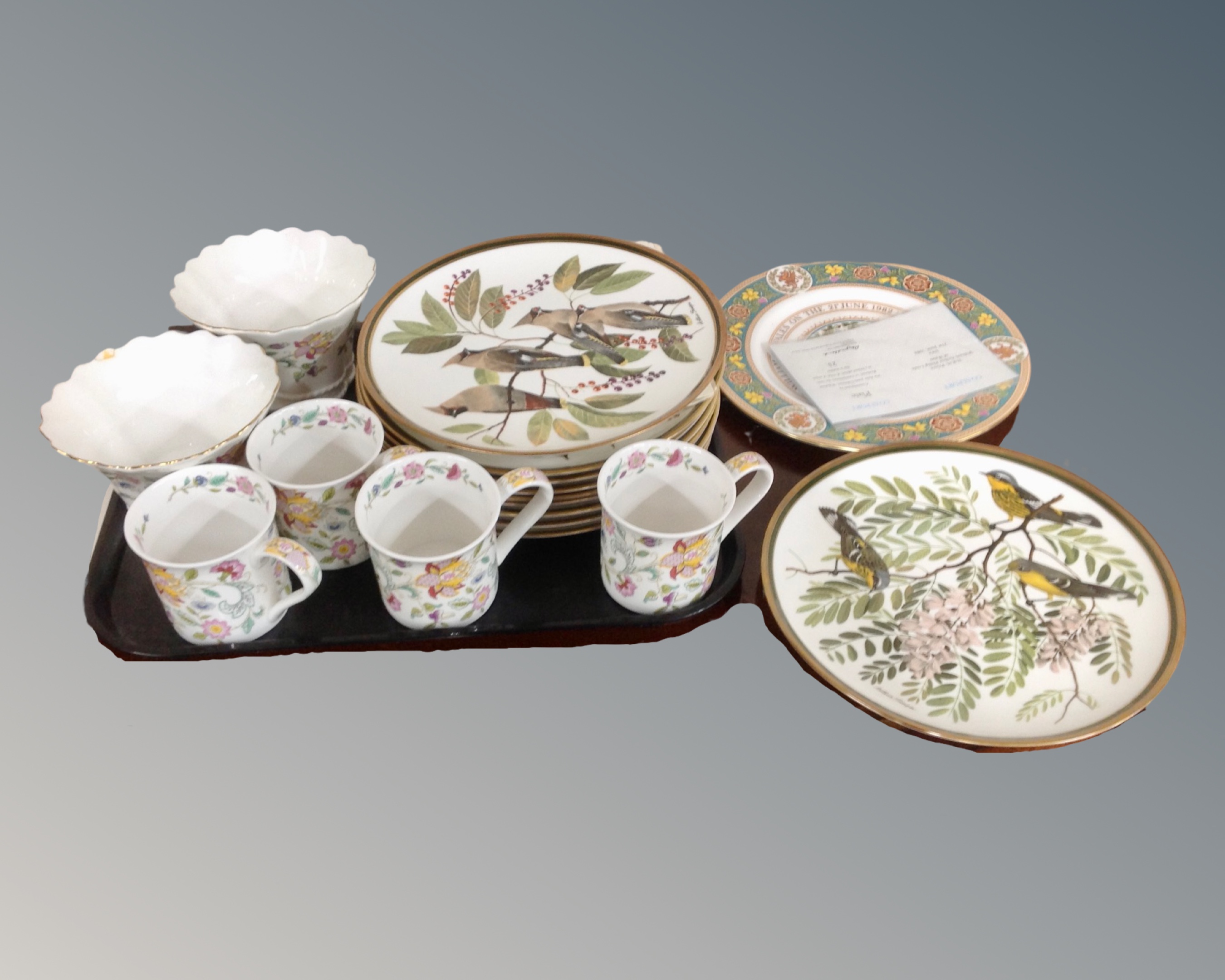 A tray of Coalport H R H Prince William limited edition plate with certificate together with a set