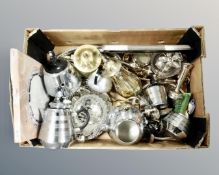 A box of silver plated and chrome plated tea service, pots,