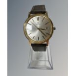 A gent's gold plated and stainless steel Omega centre seconds calendar wristwatch,