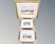 Three signed prints after Tom Macdonald depicting Dunstanburgh, Newcastle and Roseberry,