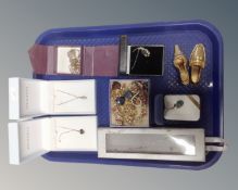 A tray of assorted costume jewellery, necklaces in boxes, pendants etc,