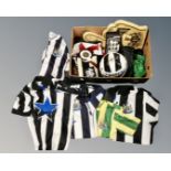 A box of Newcastle United vintage football shirts, 1892 football, scarves,