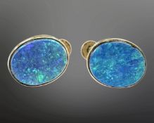 A pair of 9ct gold doublet opal earrings with screw backs, opals 12.