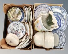 Two boxes of plates, ceramic decorative plates, collectors plates, blue and white dinnerware etc.