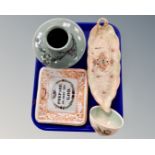 A tray containing a Victorian 'Prepare To Meet Thy God' plaque, a Korean vase, dish etc.