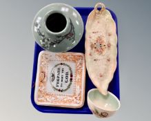 A tray containing a Victorian 'Prepare To Meet Thy God' plaque, a Korean vase, dish etc.