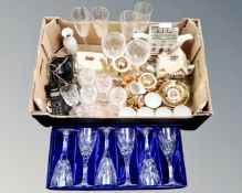 Six cut crystal wine glasses in case, together with a box of crystal, gilded coffee set,