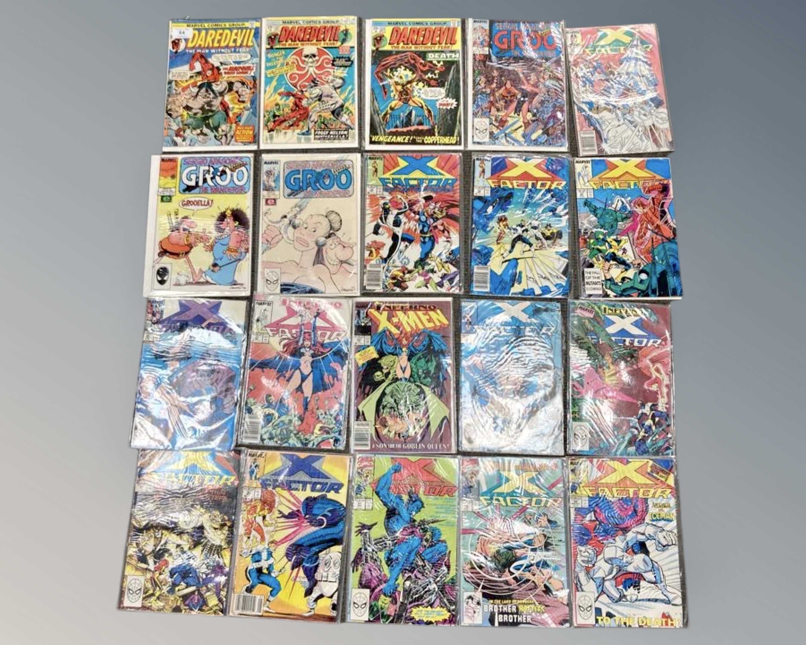 A collection of Marvel comics including Daredevil, Groo the Wanderer, X-Men etc.