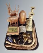 A tray of wooden carved animals, a pair of brass candlesticks, a white metal bangle, cloisonne pig.