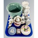 A tray of ceramics including Wedgwood china, Royal Worcester egg coddlers,