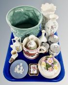 A tray of ceramics including Wedgwood china, Royal Worcester egg coddlers,