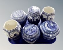 Six Maling ware blue and white caddies.