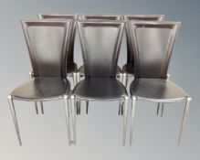 Six black vinyl and chrome dining chairs