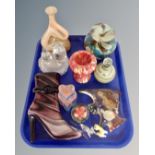 A tray containing a Medina glass vase, glass boot ornament, figures etc.