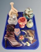 A tray containing a Medina glass vase, glass boot ornament, figures etc.