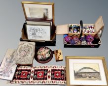 Two boxes containing pictures, prints, a sewing box, spools of wool, two footstools etc.