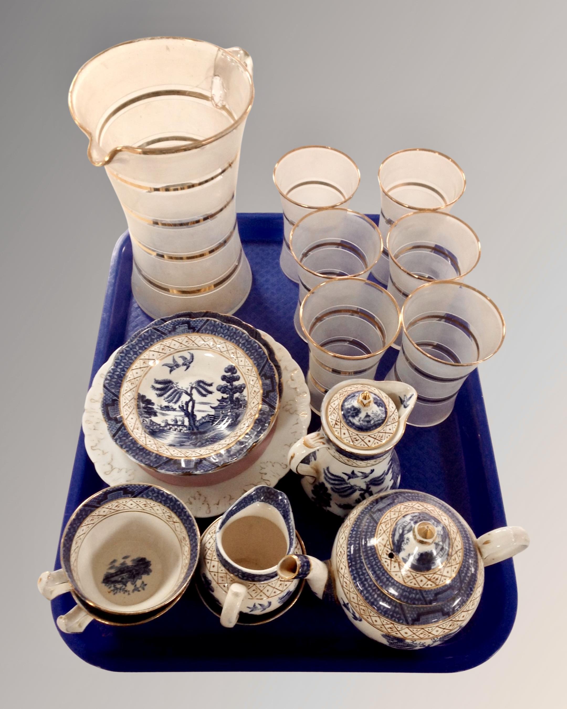 A tray of Boothes Real Old Willow part tea set, mid-20th century lemonade glass set.