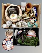 Two crates containing china ornaments, a wooden vase, a silver plated coaster, dragon figure,