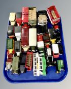 A tray of die cast vehicles including Corgi classics, vintage vehicles, trams, bus etc.