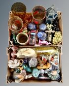Two boxes of ceramics and ornaments, cathedral caddies,
