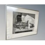 A continental monochrome print depicting a violin with metronome, indistinctly signed, 70cm by 56cm.