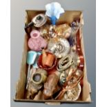 A box of carved figures, glass, silver plated teapot etc.