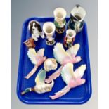 A tray of ceramic flying parrot ornaments, duck plaque, Nao figure of a child, character jugs etc.