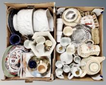 Two boxes of assorted ceramics, commemorative china, Bavarian tea ware, planters,