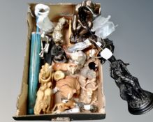 A box of animal ornaments, dog figures, contemporary resin figure, figural table lamp.