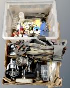 A box of fly making equipment, fish pond bag, reels,