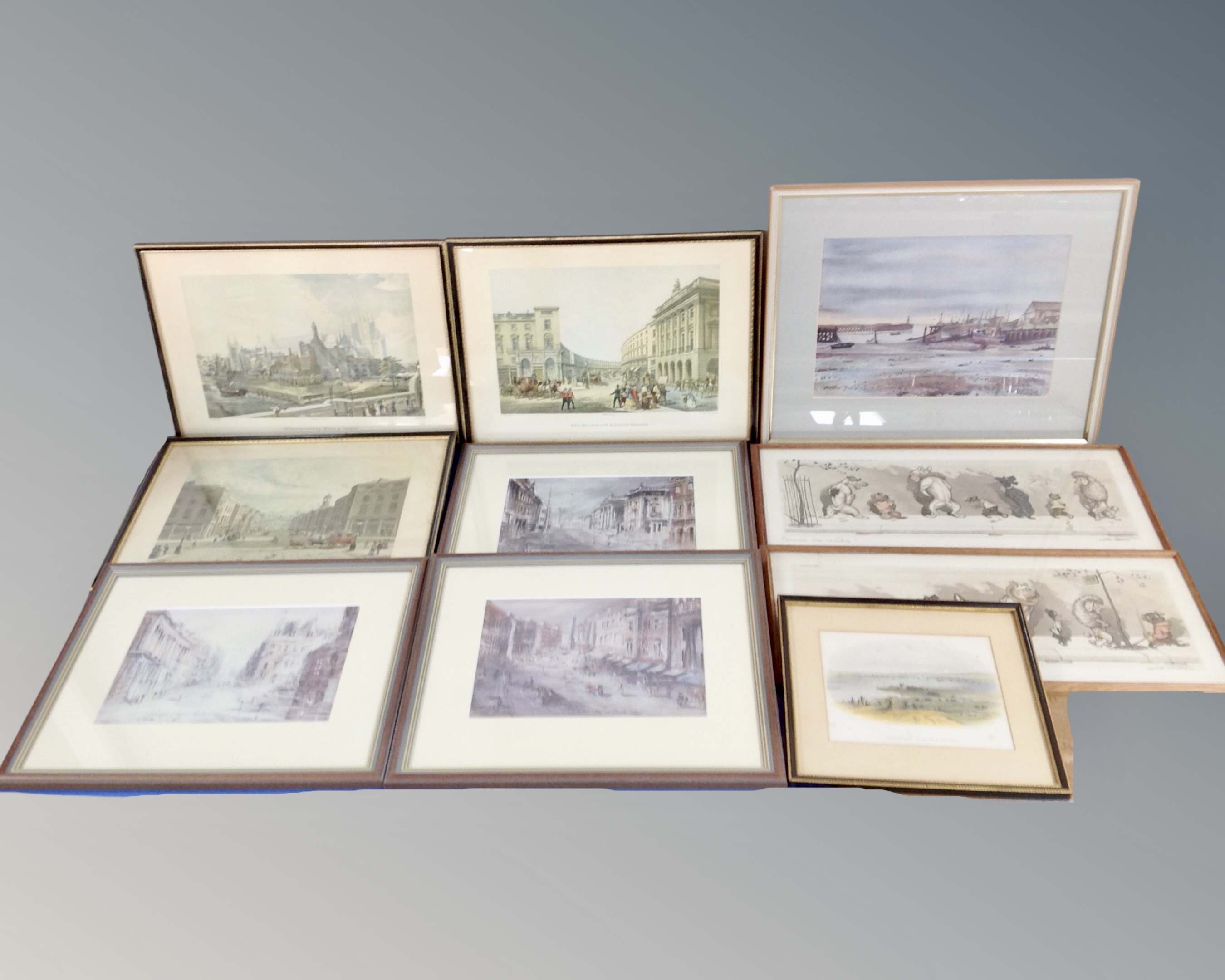 A box of pictures and prints to include Keith Proctor prints of Newcastle, hand coloured engravings,