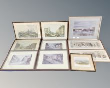 A box of pictures and prints to include Keith Proctor prints of Newcastle, hand coloured engravings,