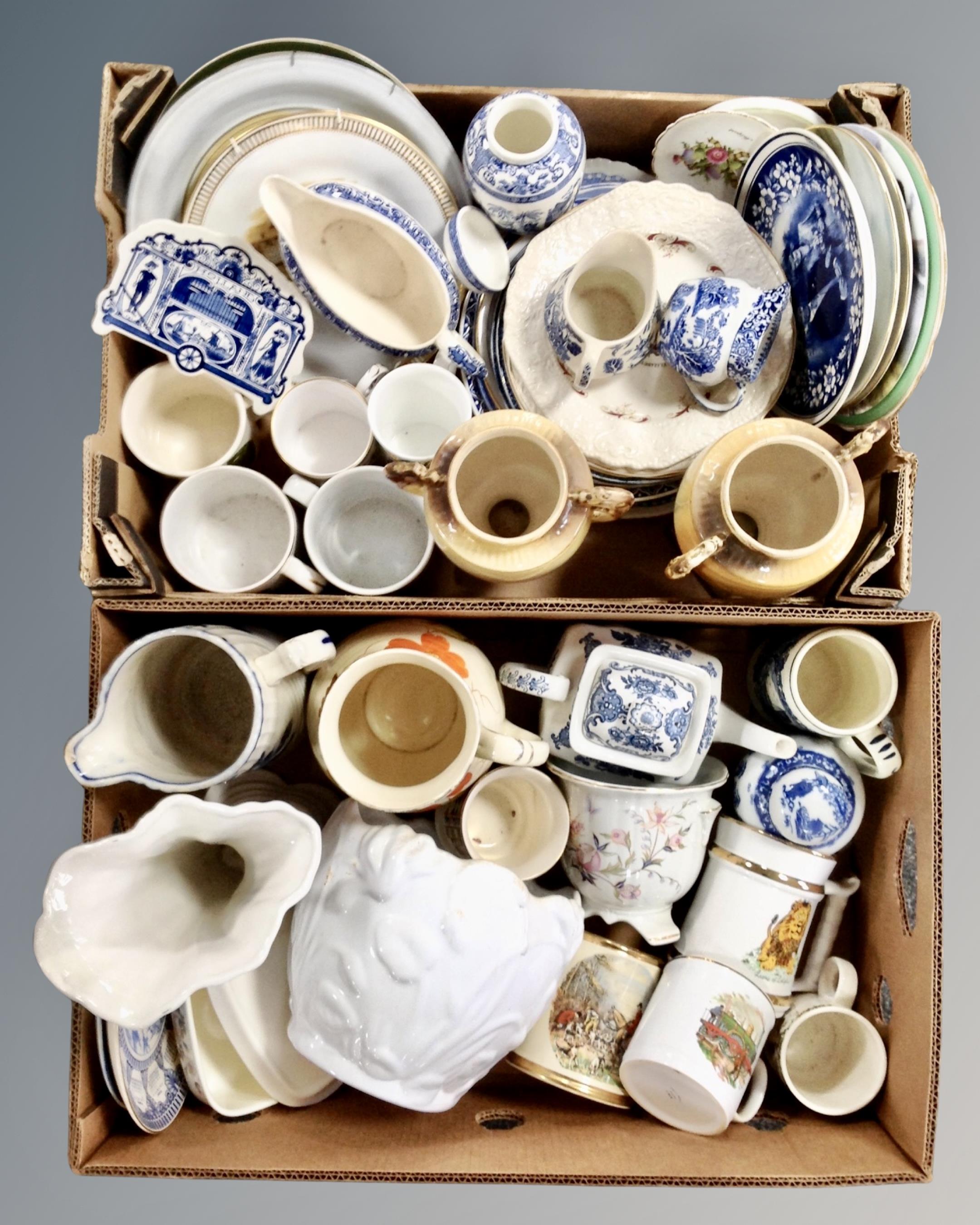 Two boxes of ceramics, plates, a china jardiniere, blue and white ginger jar etc.