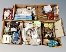 Five boxes containing fishing equipment, china, ceramics, jigsaw puzzles, a sewing box,