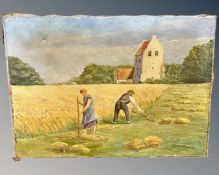 Continental school : Figures working in a field, oil on canvas, 72cm by 50cm.
