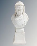 A Victorian Parian ware bust on plinth commemorating the 60th year of Queen Victoria.