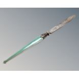 A good quality silver and green enamel letter opener, Richard Martin and Ebenezer Hall,