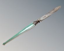 A good quality silver and green enamel letter opener, Richard Martin and Ebenezer Hall,
