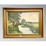 Continental school : farm building by a bridge, oil on board,