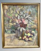 Continental school : Still life of flowers and fruit, oil on canvas, 56cm by 68cm.