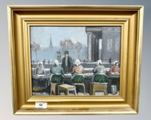 Continental School : Figures seated by a building, oil on panel, 28cm by 23cm.