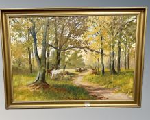 Continental school : Deer beside a woodland track, oil on canvas, 95 cm x 65 cm,
