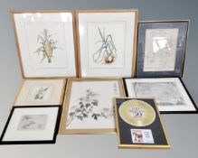 Seven assorted pictures to include framed maps of Norfolk, Portsmouth and the Battle of Copenhagen,