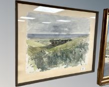 Alex Secher : A hillside view towards a coast, watercolour, 52cm by 39cm.