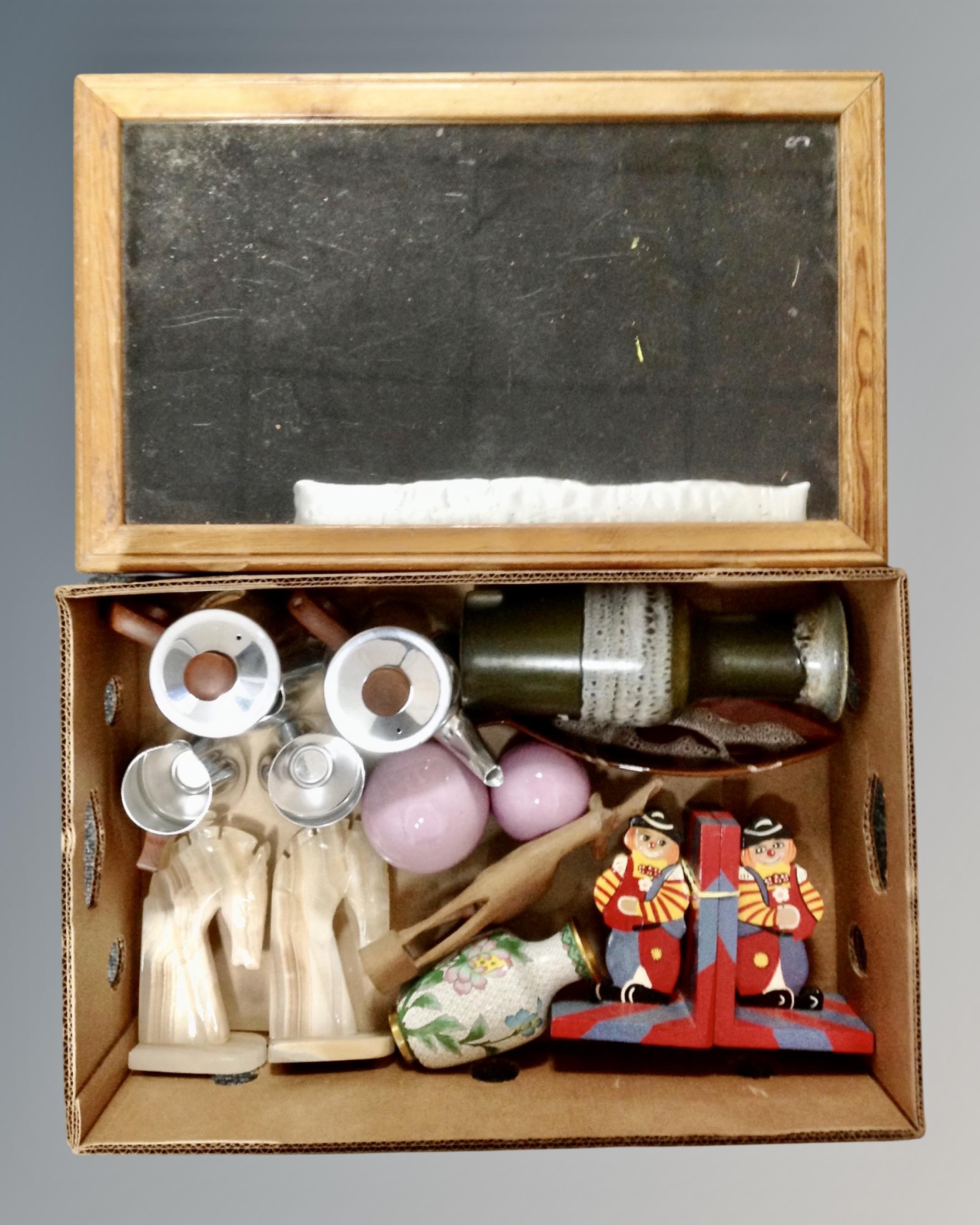 A counter topped display cabinet together with a box containing pottery four piece Sona tea service,